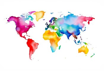 Obraz premium Vibrant watercolor world map, youthful style, white background, world map, white