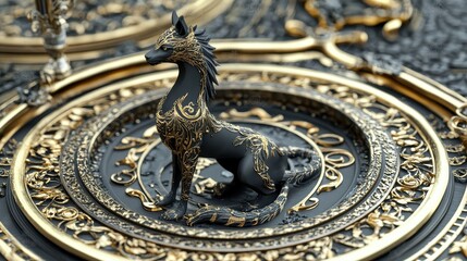 Obraz premium An elegant black sculpture of a mythical creature beautifully decorated