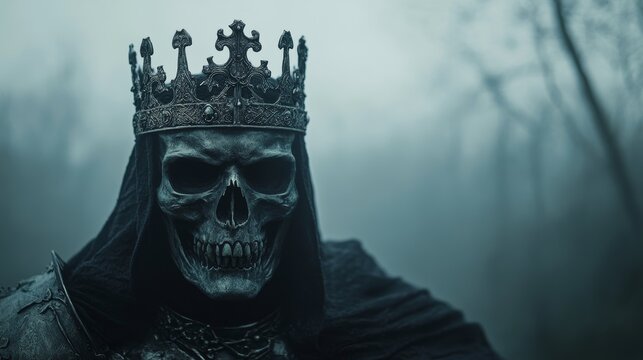 Skull king wearing a crown, in a dark fantasy medieval setting, with a horror style.