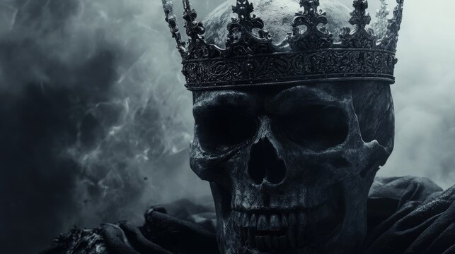 Cinematic shot of a black skull king wearing a crown.