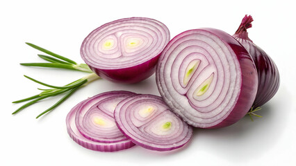 Fresh Red Onion and Sliced Rings Isolated on White Background