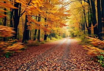 Autumn leaves swirl in a dynamic fall scene along a forest path, nature, woods path