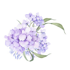 Delicate Hand Painted Watercolor Hydrangea Bouquet on Transparent Background: Blue and Purple Flowers, Floral Arrangement ideal for Wedding Invitations, Cards and Floral Designs