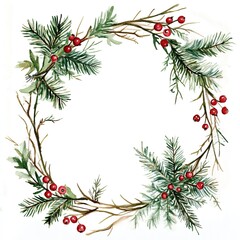 Watercolor twig frame with holiday greens and red berries. 