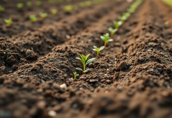 A single row of seeds nestled in freshly turned soil, ready for planting, texture, brown