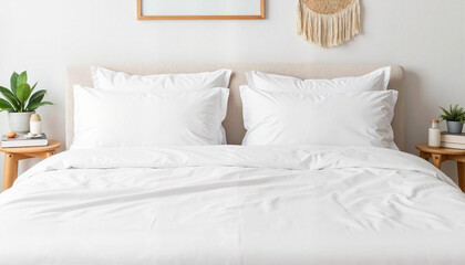 Obraz premium Minimalist Scandinavian bedroom with white sheets, modern tranquility
