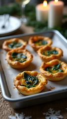 Pumpkin and spinach tartlets, set in an elegant winter scene with candlelight and cool tones.