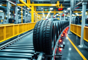 Automated tire production line, conveyor belt system, modern factory, automated, factory