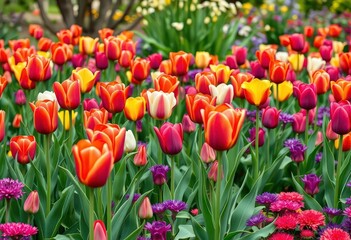 A vibrant tulip garden bursting with color, lush green leaves, and a profusion of blooms, superb, colorful