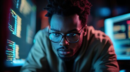 A focused individual with glasses works intently at a computer, surrounded by glowing screens displaying data and code in a dimly lit environment.