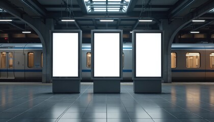 Digital signage mockup displays at railway station. Blank vertical screen panels for advertising, information announcements. Display template in public indoor space for passengers. Subway train in