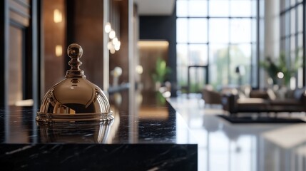 Close-up of a hotel reception desk with a bell on top, the modern and luxurious interior design of the lobby.