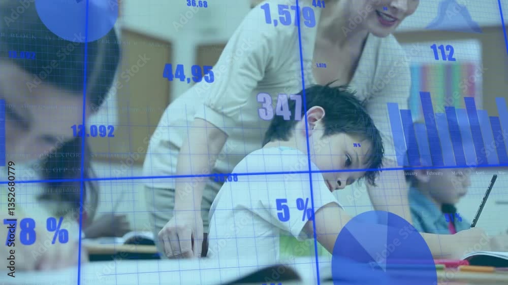 Poster children studying in classroom with data charts and graphs overlay animation