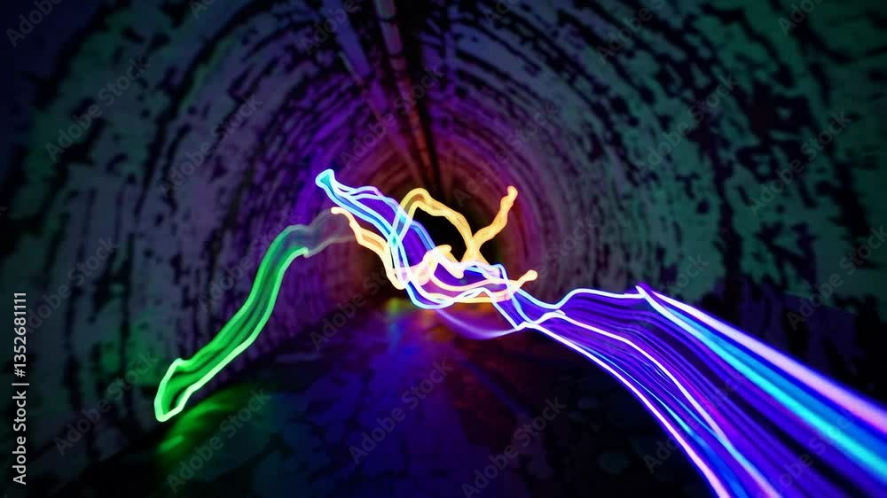 Poster colorful neon light trails in a dark tunnel, dynamic motion. abstract art concept