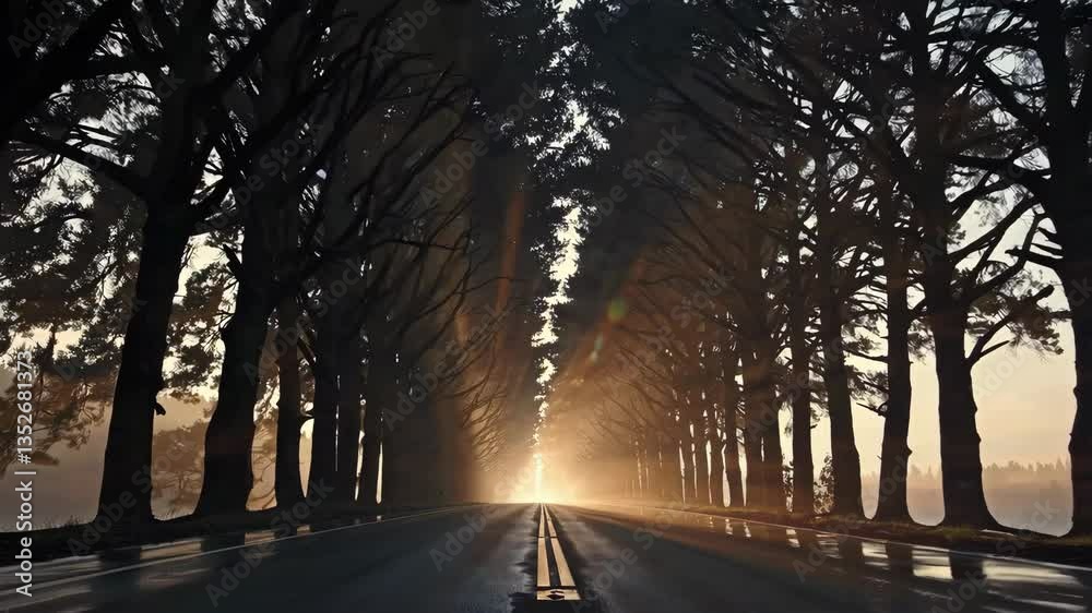 Poster sunset road lined with towering trees and sun rays. serenity in nature concept