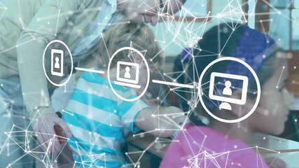 In school, children collaborating in classroom with digital network overlay animation - Powered by Adobe