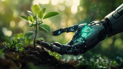 Close-up of a robot hand holding a young plant, with a digital glowing light effect background.