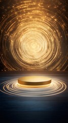 Obraz premium A golden floating podium, surrounded by swirling light rings in a high-tech environment