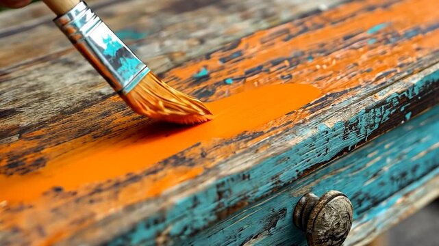 Close-up of a paintbrush applying vibrant orange paint on a rustic wooden table