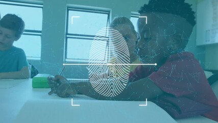In school, fingerprint scan animation over students studying in classroom - Powered by Adobe