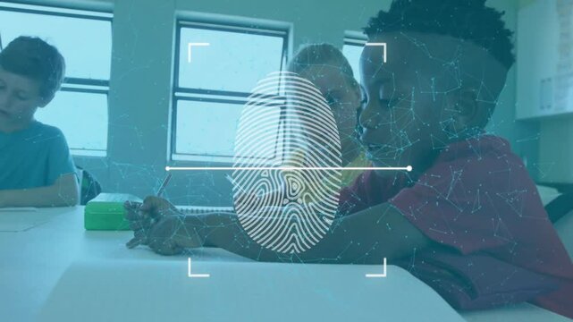 In school, fingerprint scan animation over students studying in classroom - Powered by Adobe