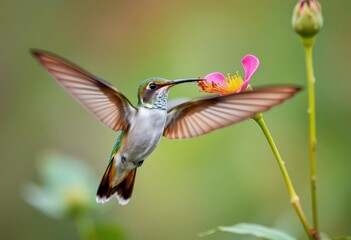 Fototapeta premium A hummingbird in mid-flight, wings blurred, hovering near a flower, jewel, nature photography