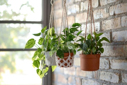 Three potted plants hang from macrame plant hangers against a brick wall, bathed in natural light.