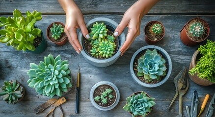 Hands Arranging Succulent Plants in Decorative Pots on a Wooden Table During Daylight