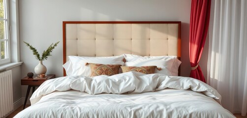 Cozy bedroom interior featuring a plush bed with crisp white linens, rest, window