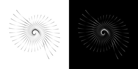 Dynamic abstract spiral sound wave rhythm lines. Circular spiral sound wave rhythm of lines. Circular futuristic abstract lines, black and white background.	