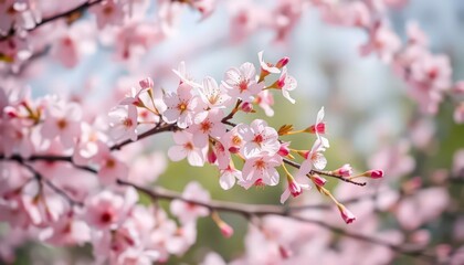 Obraz premium Delicate soft pink cherry blossoms on a gentle breeze, peaceful, pink flowers