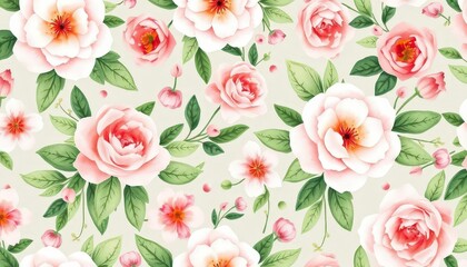Delicate watercolor floral pattern, repeating design with soft pastel blooms and green leaves, digital, textile