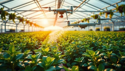 Drone precisely waters thirsty greenhouse plants, modern farming, automation