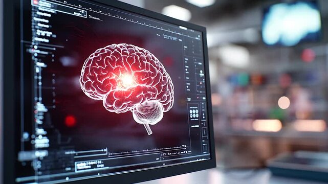 High-tech brain scan visualization on a computer screen in a lab