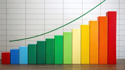 A colorful bar graph represented by blocks, illustrating growth over time, with a green line indicating an upward trend.
