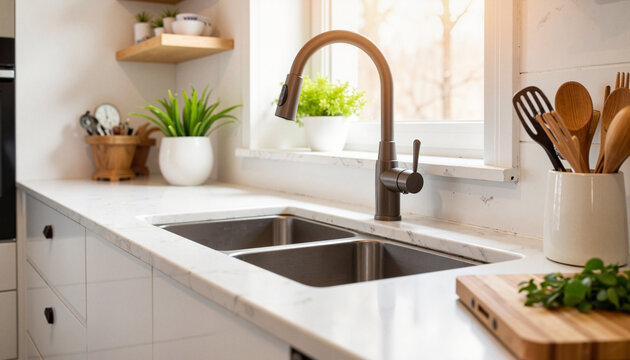Elegant kitchen with sleek undermount sink and warm afternoon light, cozy atmosphere