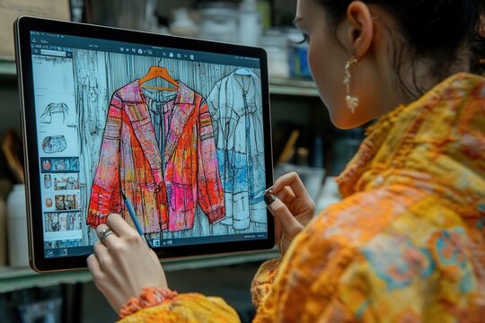 Designer showcasing vibrant fashion sketches on a tablet in a creative workspace filled with artistic tools and materials