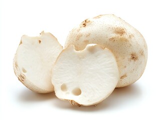 Giant Puffball Mushroom Still Life Showing Cut Pieces on White Background