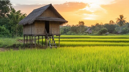 Serene Rice Fields with Traditional Bamboo House at Sunset