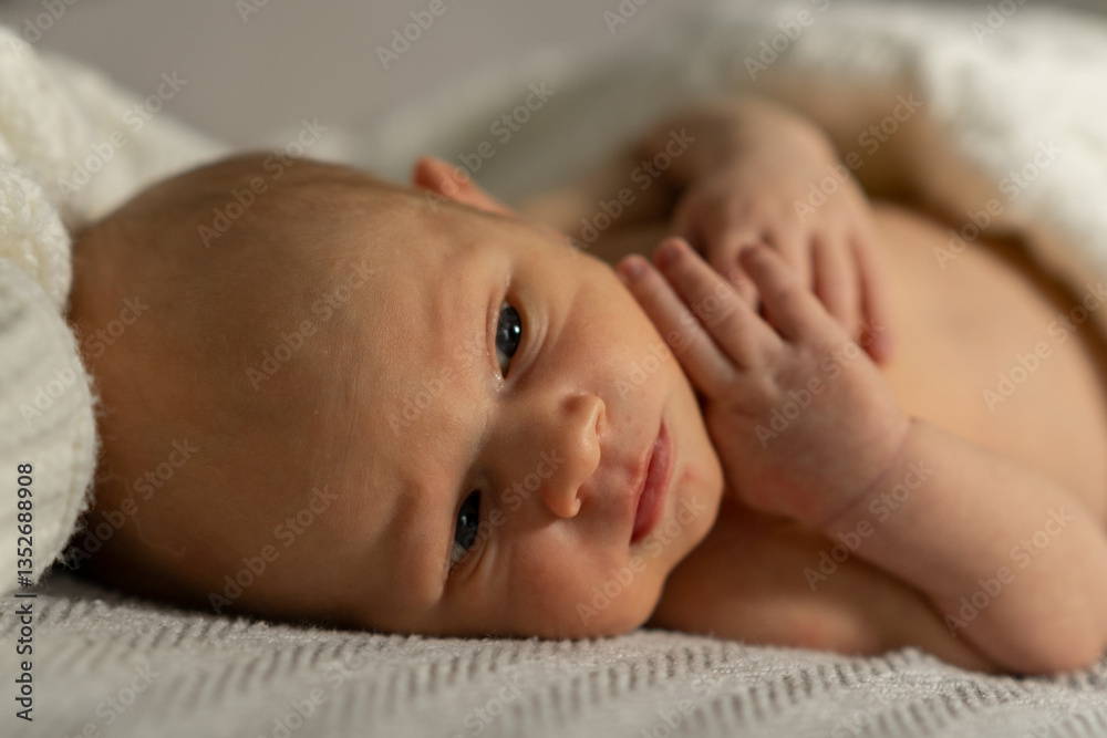 Aufkleber sweet newborn baby lying on a cozy blanket with soft lighting, showcasing tiny hands and curious exp