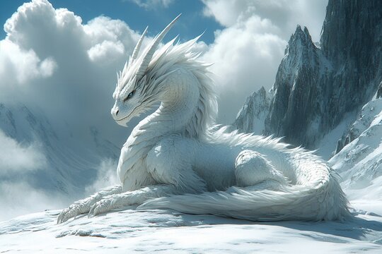 Majestic white dragon resting on snow-covered mountain terrain under a dramatic sky