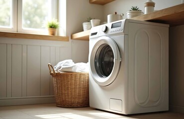 Modern washing machine in bright laundry room. Wicker basket full of white clean clothes. House interior design. Cleaning domestic chore. Home appliances. Nobody.