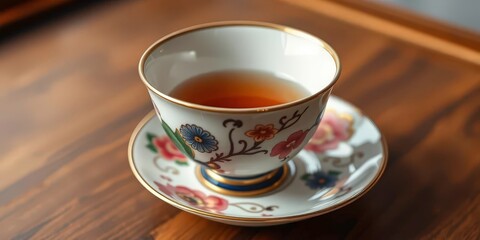 Close-up view of a beautifully crafted Japanese teacup and saucer, ready for use, object, design
