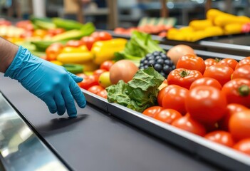 Gloves inspect fresh produce on conveyor belt, food safety, produce