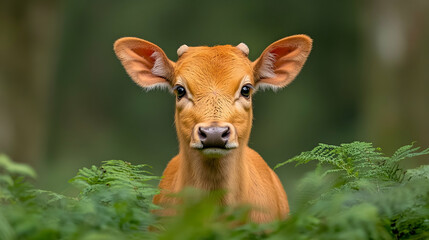 Young calf peering from ferns in forest; wildlife, nature scene, springtime, rural background; ideal for nature documentaries, websites, or children's books