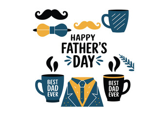 Stylish Fathers Day design with coffee mugs, mustaches, bow ties, suit, and festive decorations