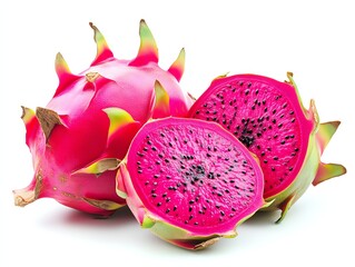 Fresh Dragon Fruit Whole and Sliced on White Background Studio Shot
