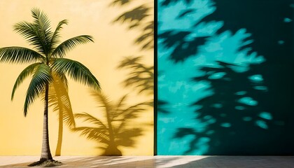 A tall palm tree is standing next to a yellow wall with shadows of other palm trees on it.