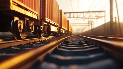 Fototapeta premium Close-up of a cargo train with containers on the railway