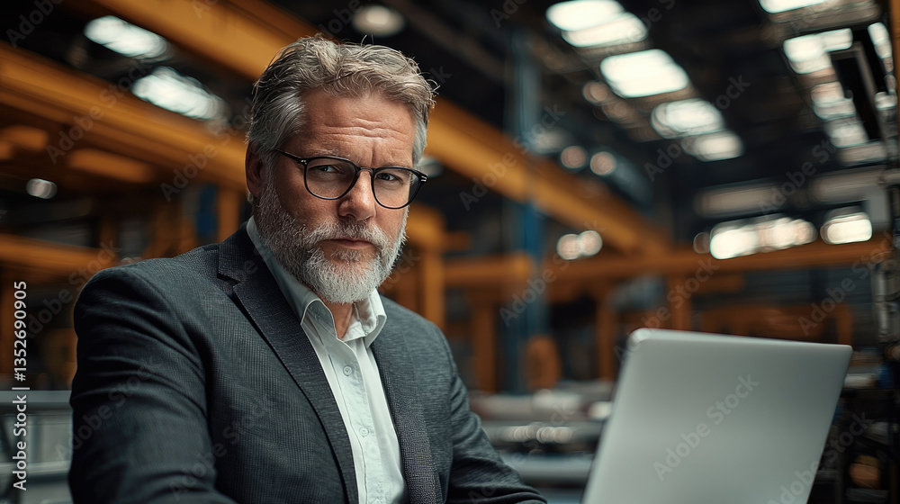 Poster mature businessman using laptop in a factory. works in modern enterprise environment. man checking i